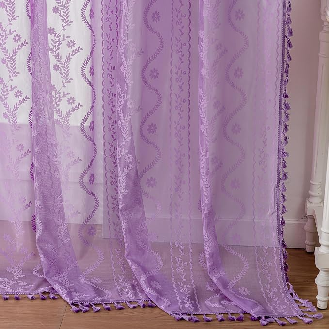 WAZZIO Boho Lace Curtains 84 Inch 2 Panels -Sheer Panel Drape Floral Pattern & - Image 5