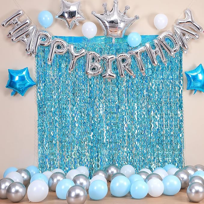 4 Pack Teal Aqua Blue Wavy Foil Fringe Curtains Party Decorations - Image 4