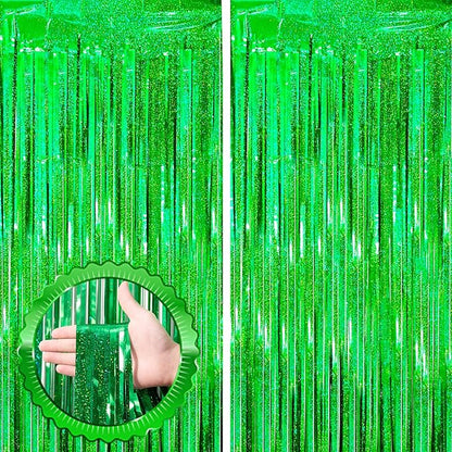 Voircoloria Laser Green Foil Fringe Backdrop Curtains, 2 Pack | Tinsel Streamers by Voircoloria