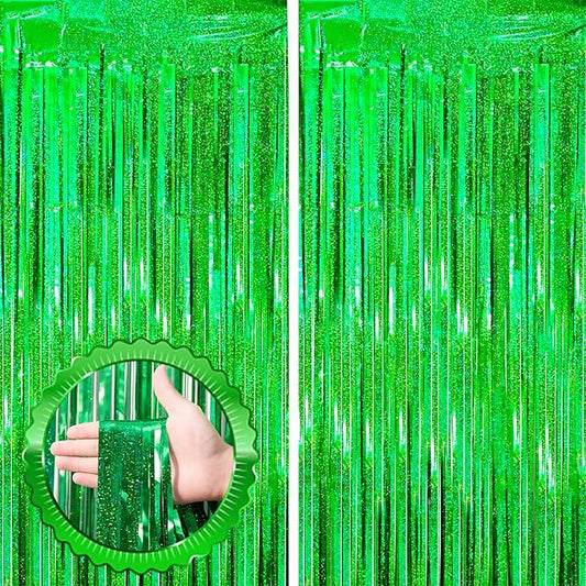Voircoloria Laser Green Foil Fringe Backdrop Curtains, 2 Pack | Tinsel Streamers by Voircoloria