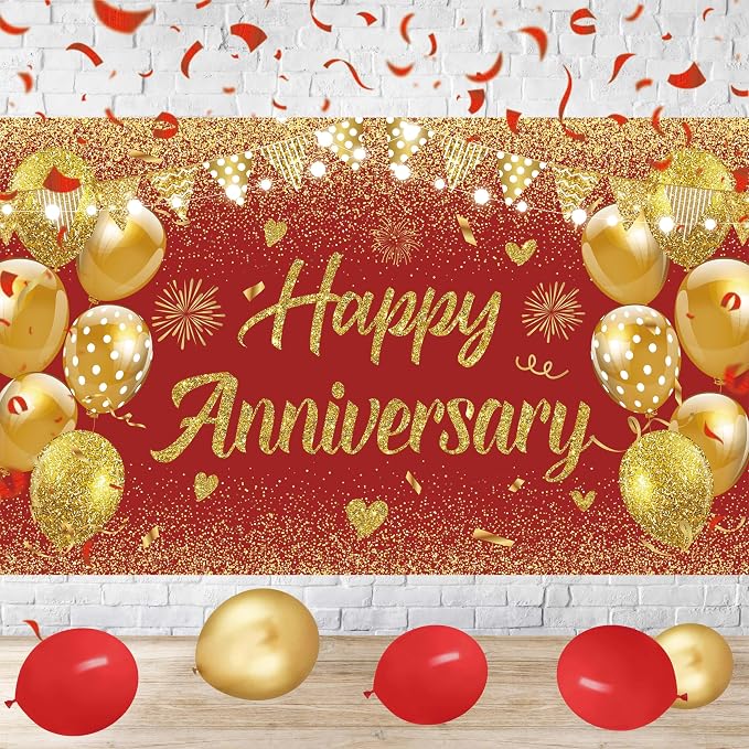 Wedding Anniversary Banner Red Gold Happy Decorations - Image 4