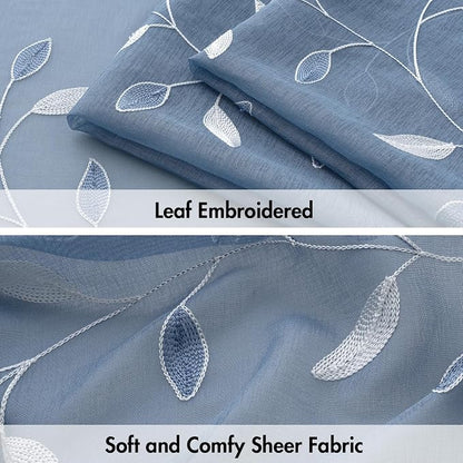 MIULEE Dusty Blue Sheer Curtains 2 Panels Leaf Patterned, W52 x L63 | - Image 4