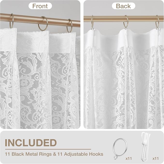 Bujasso White Lace Pinch Pleat Curtains 84 inch, Vintage Floral Sheer Drapes - Image 3