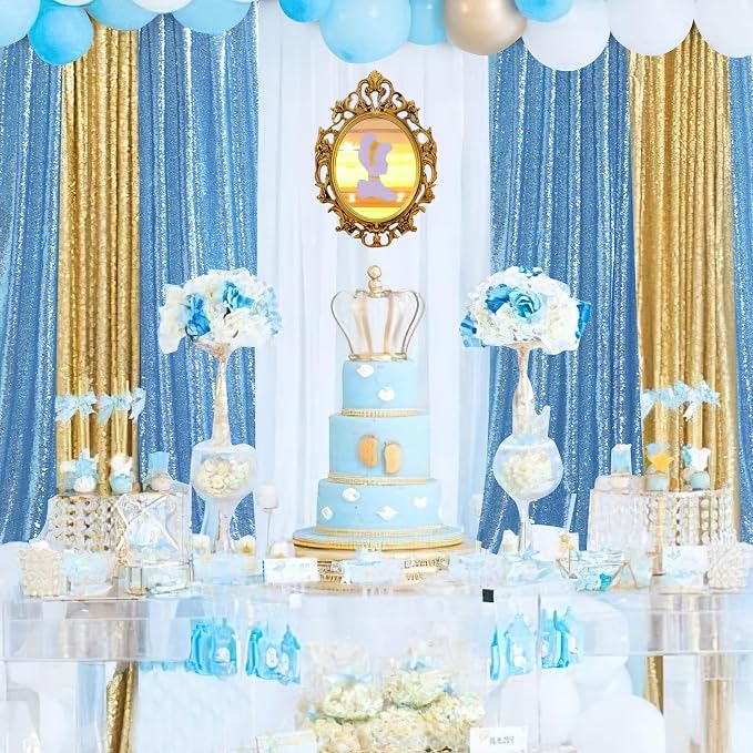 Baby Blue Sequin Backdrop Curtains Party Photo Glitter Drapes 2 Pcs 2FTx8FT | - Image 2