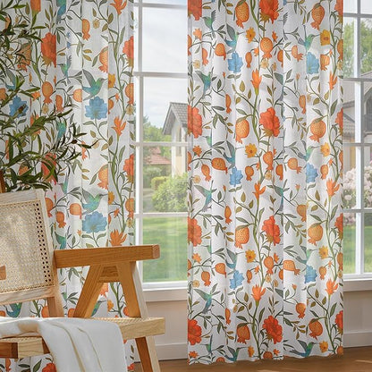 White Floral Linen Curtains, Boho Whimsical Bird Print Curtains - Image 6