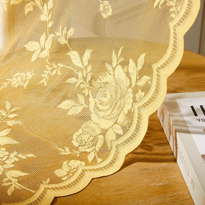 Yellow Lace Curtains 96 Inches Long 2 Panels Country Gold Flower Sheer Curtains - Image 7