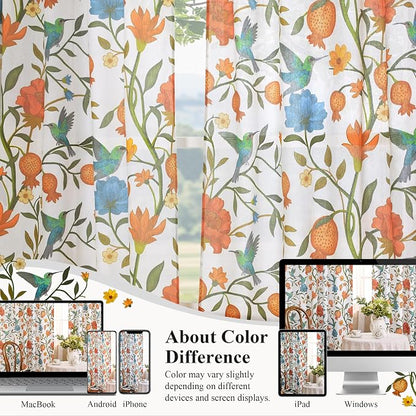 54 Inch Boho Floral Curtains Tropical Bird Print Linen Semi Sheer Window Drapes - Image 3