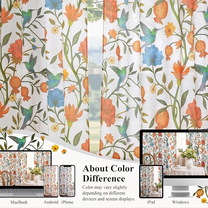 72 Inch Boho Floral Curtains Tropical Bird Print Linen Semi Sheer Window Drapes - Image 3