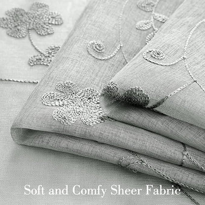 HOMEIDEAS Grey Sheer Curtains 63 Inches Long 2 Panels Embroidered Floral - Image 3