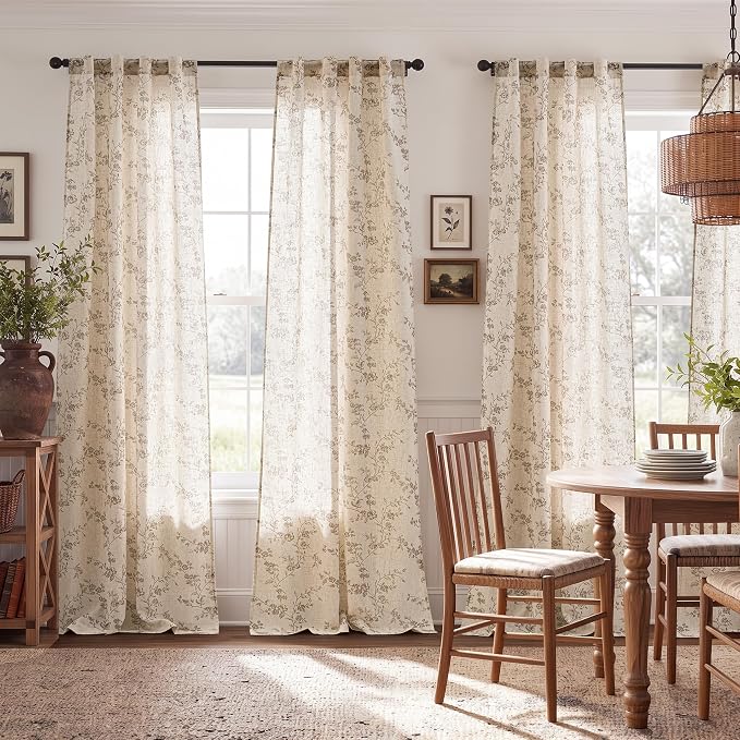 jinchan Taupe Floral Linen Curtains 96 Inch Farmhouse Back Tab 2 Panels | Taupe - Image 3