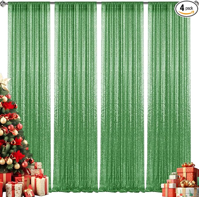 2×8FT-4PCS Grass Green Sequin Backdrop Curtains Panels, Photography Backdrop by Pufogu