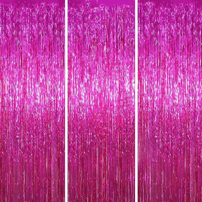 Voircoloria Pink Foil Fringe Backdrop Curtains, 3 Pack | Tinsel Streamers by Voircoloria