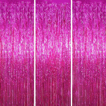 Voircoloria Pink Foil Fringe Backdrop Curtains, 3 Pack | Tinsel Streamers by Voircoloria
