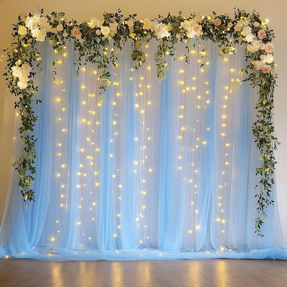 Tulle Backdrop Curtain with Lights Baby Blue 10x8ft Sheer Curtain Backdrop | by Fomcet