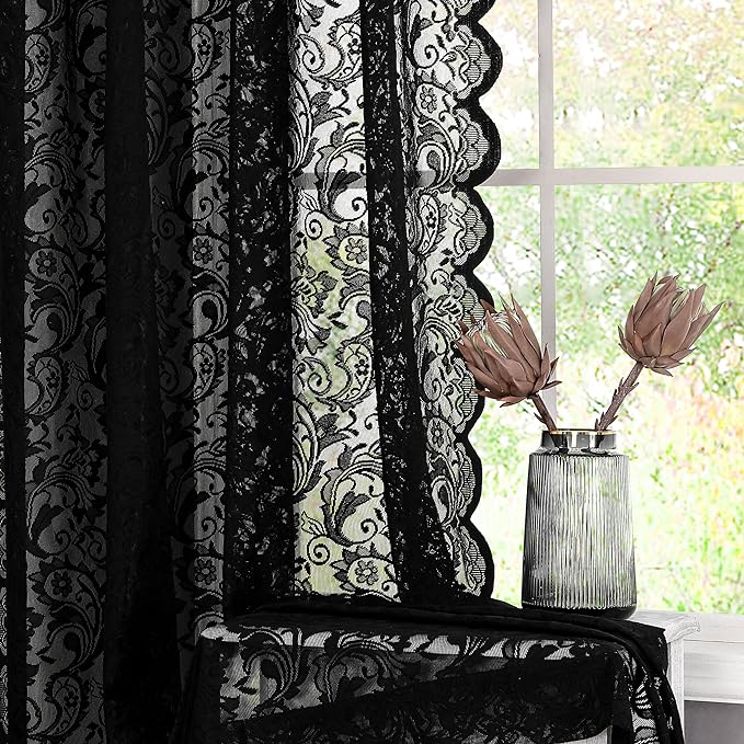 Bujasso Black Sheer Lace Curtains 90 inch Vintage Floral Sheer Gothic Curtain by Bujasso