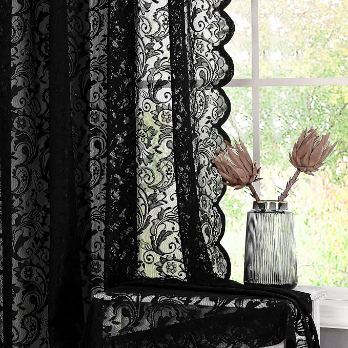 Bujasso Black Lace Pinch Pleat Curtains 90 inch, Gothic Vintage Floral Sheer - Image 2
