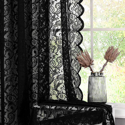 Bujasso Black Lace Pinch Pleat Curtains 90 inch, Gothic Vintage Floral Sheer - Image 2