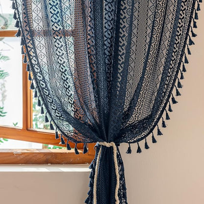 Sutuo Home Navy Blue Boho Sheer Curtains 72 inches Long - Image 3