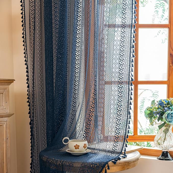 Sutuo Home Navy Blue Boho Sheer Curtains 72 inches Long - Image 4