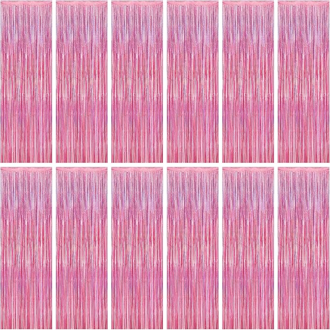 12 Pack Pink Backdrop, 3.28 FT x 7.05 FT Foil Streamers, Metallic Glitter by ZATAYE