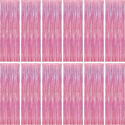12 Pack Pink Backdrop, 3.28 FT x 7.05 FT Foil Streamers, Metallic Glitter by ZATAYE