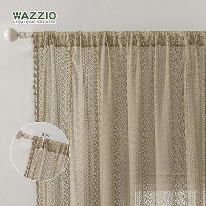 WAZZIO Boho Lace Curtains 84 Inches 2 Panel, Light Filtering Privacy Tassel & - Image 6