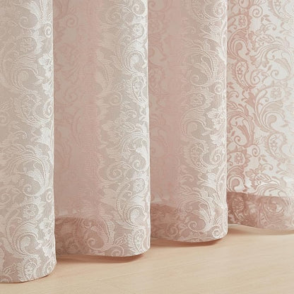 Bujasso Pink Lace Window Curtains Vintage Floral Sheer Curtain Panels 95 inch - Image 3