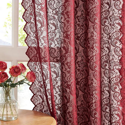 Bujasso Burgundy Red Lace Sheer Curtains by Bujasso