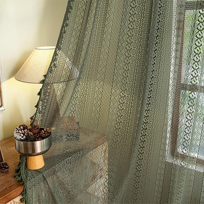 Sutuo Home Olive Green Boho Curtains 108 inches Long, Crochet Lace Sheer - Image 7