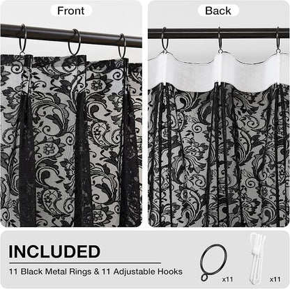 Bujasso Black Lace Pinch Pleat Curtains 102 inch, Gothic Vintage Floral Sheer - Image 3