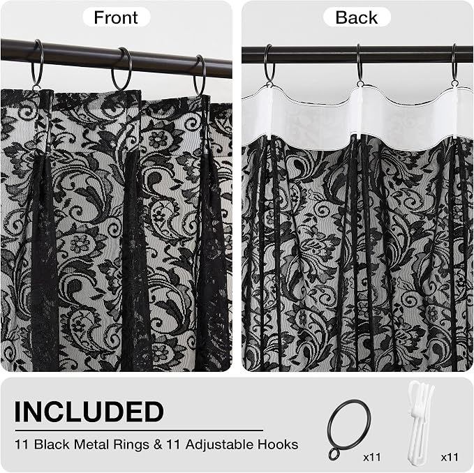 Bujasso Black Lace Pinch Pleat Curtains 108 inch, Gothic Vintage Floral Sheer - Image 3