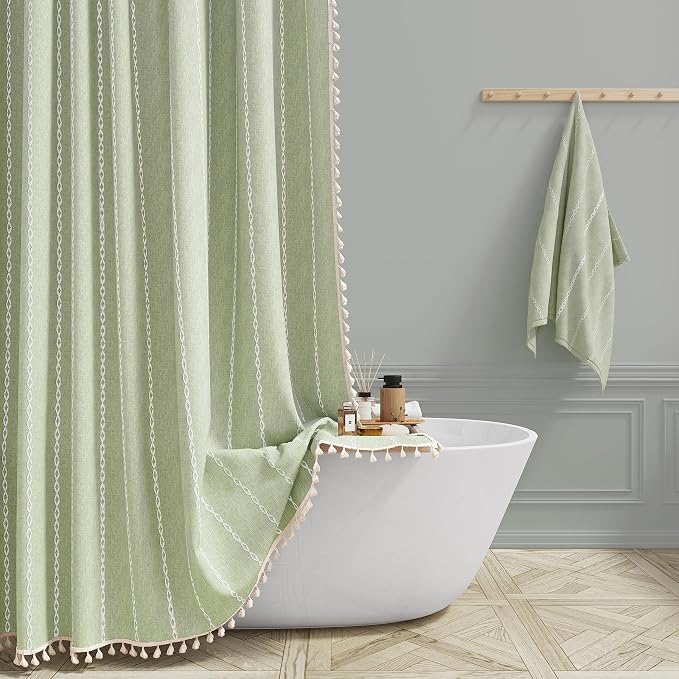 72x84 Long Boho Farmhouse Linen Heavy Duty Shower Curtain, Sage Green | Tall by ShowerCurtain