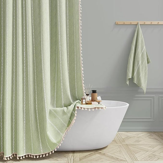 Sage Green Cream Boho Farmhouse Linen Heavy Duty Shower Curtain, 72x72 | 330GSM by ShowerCurtain