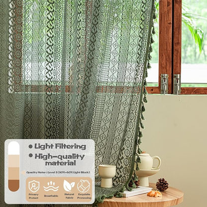 Sutuo Home Olive Green Boho Curtains 108 inches Long, Crochet Lace Sheer - Image 3