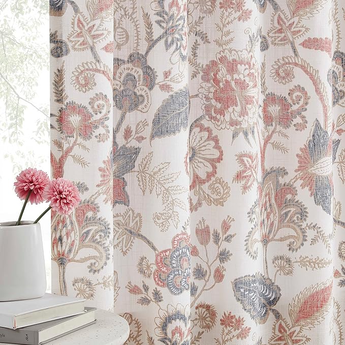 Kayne Studio Navy Red Jacobean Floral Rod Pocket Semi Sheer Curtains 95Inch | - Image 2