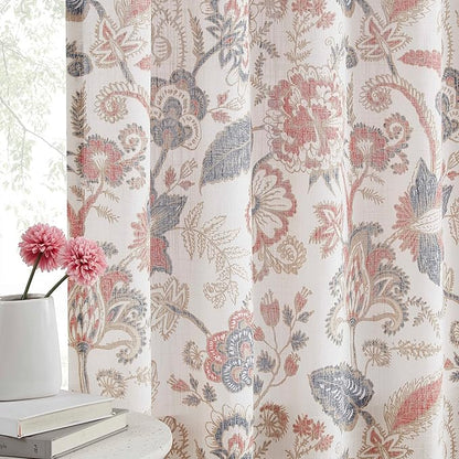 Kayne Studio Navy Red Jacobean Floral Rod Pocket Semi Sheer Curtains 95Inch | - Image 2