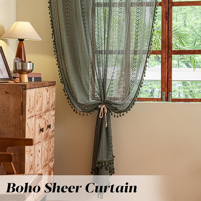 Sutuo Home Olive Green Boho Curtains 108 inches Long, Crochet Lace Sheer - Image 4