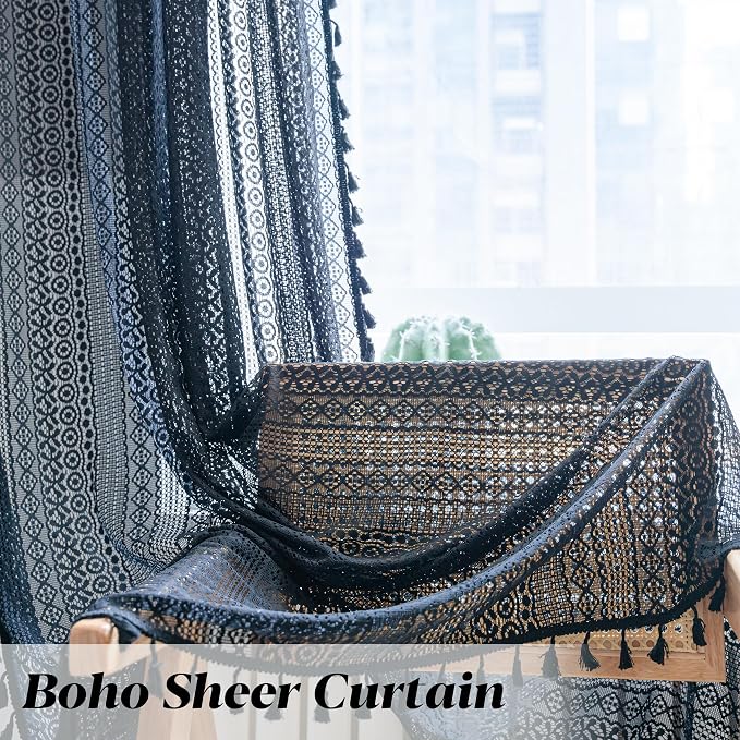 Sutuo Home Black Crochet Boho Curtain 63 Inches Length, Sheer Lace Handmade - Image 4