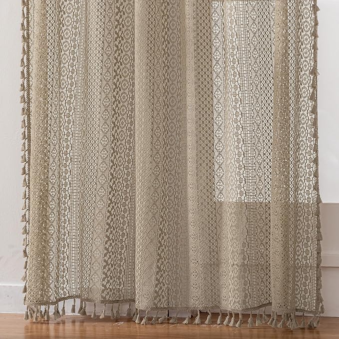 WAZZIO Boho Lace Curtains 84 Inches 2 Panel, Light Filtering Privacy Tassel & - Image 5