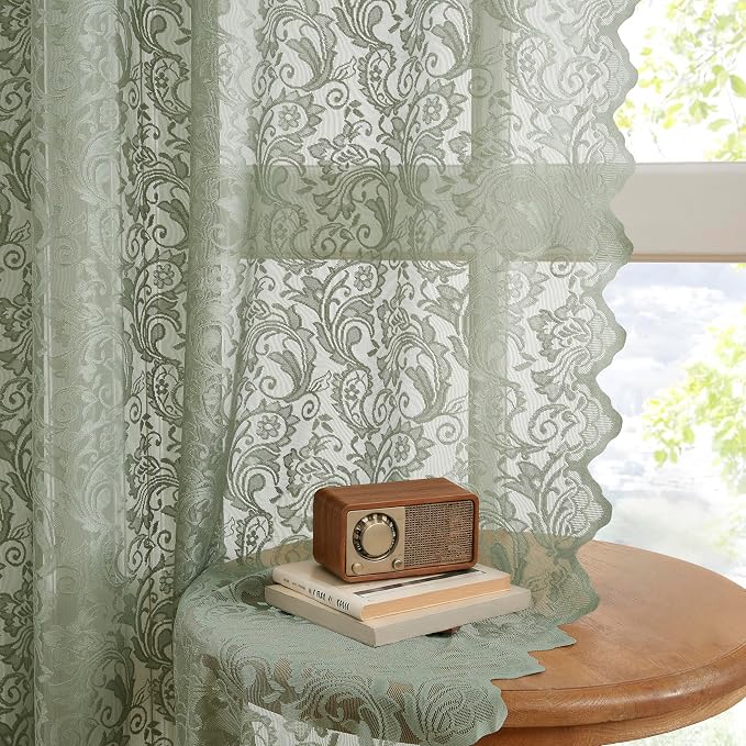 Bujasso Sage Green Lace Pinch Pleat Curtains 90 inch, Vintage Floral Sheer - Image 2