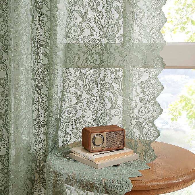 Bujasso Sage Green Lace Sheer Curtains 84 inch Length by Bujasso