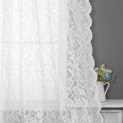 Bujasso White Sheer Lace Curtains 63 inch Vintage Floral Sheer Window Curtain by Bujasso