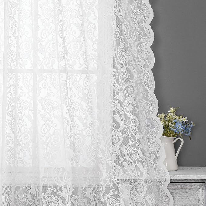 Bujasso White Lace Sheer Curtains 102 inch Vintage Floral Sheer Window Curtain - Image 3