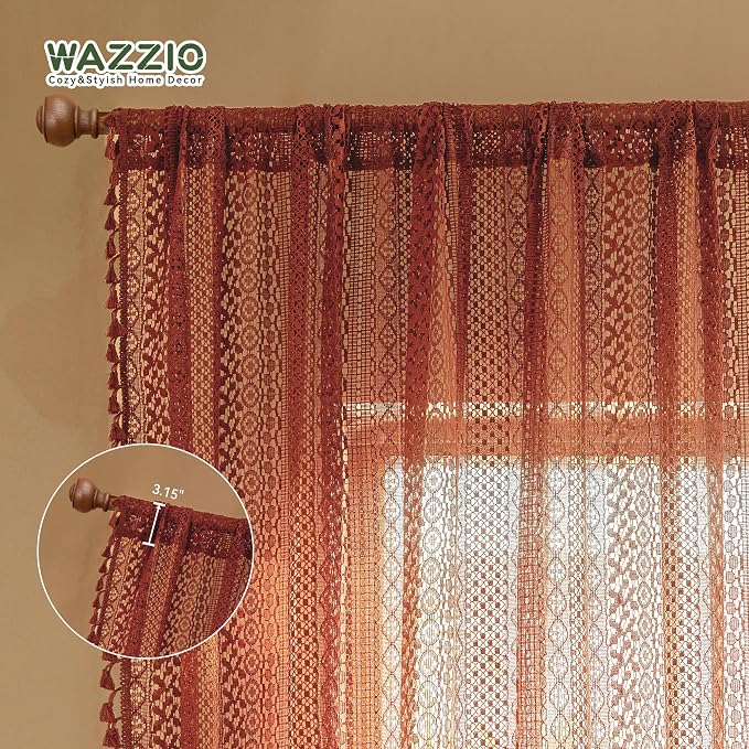 WAZZIO Boho Lace Curtains 72 Inches 2 Panel, Light Filtering Privacy Tassel & - Image 4