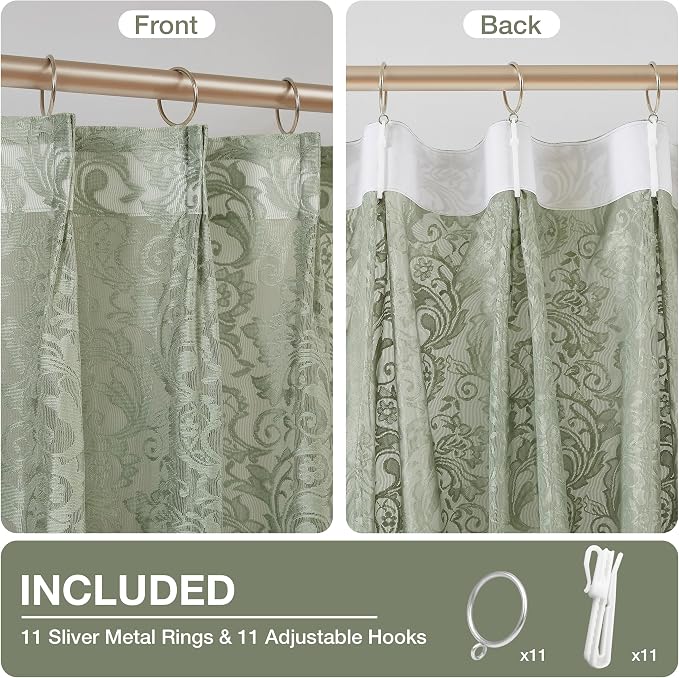 Bujasso Sage Green Lace Pinch Pleat Curtains 90 inch, Vintage Floral Sheer - Image 6