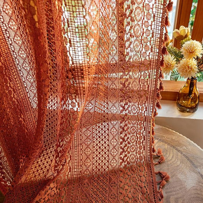 WAZZIO Boho Lace Curtains 63 Inches 2 Panel, Light Filtering Privacy Tassel & by WAZZIO