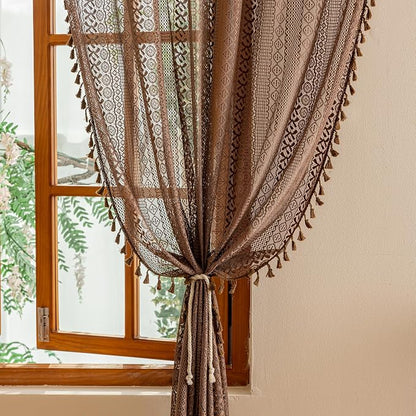 Sutuo Home Dark Coffee Boho Lace Curtains 72 inches Long - Image 3
