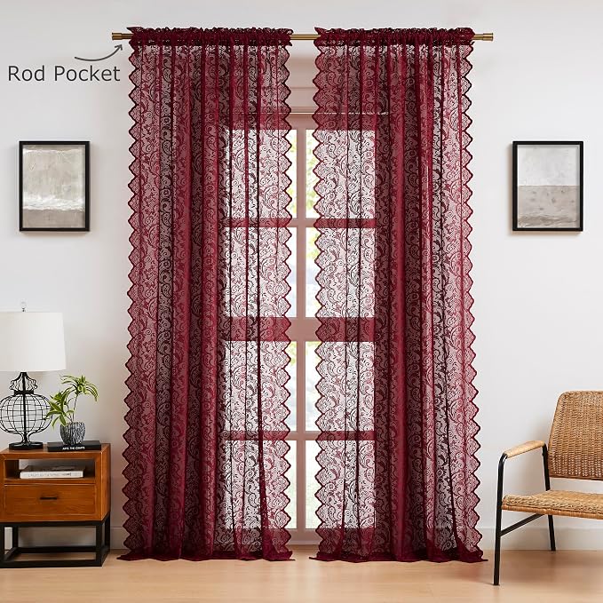 Bujasso Burgundy Lace Sheer Curtains - Image 7