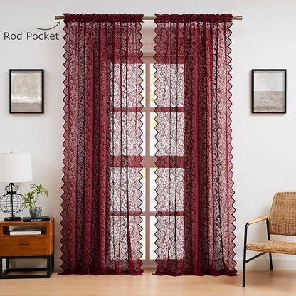 Bujasso Burgundy Red Lace Sheer Curtains - Image 8