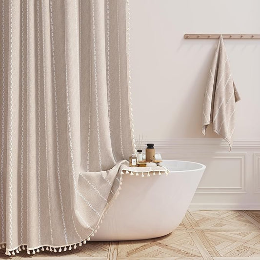 54 x 72 Boho Linen Heavy Duty Cloth Shower Curtain Set, Tan/Taupe | Small Size by ShowerCurtain
